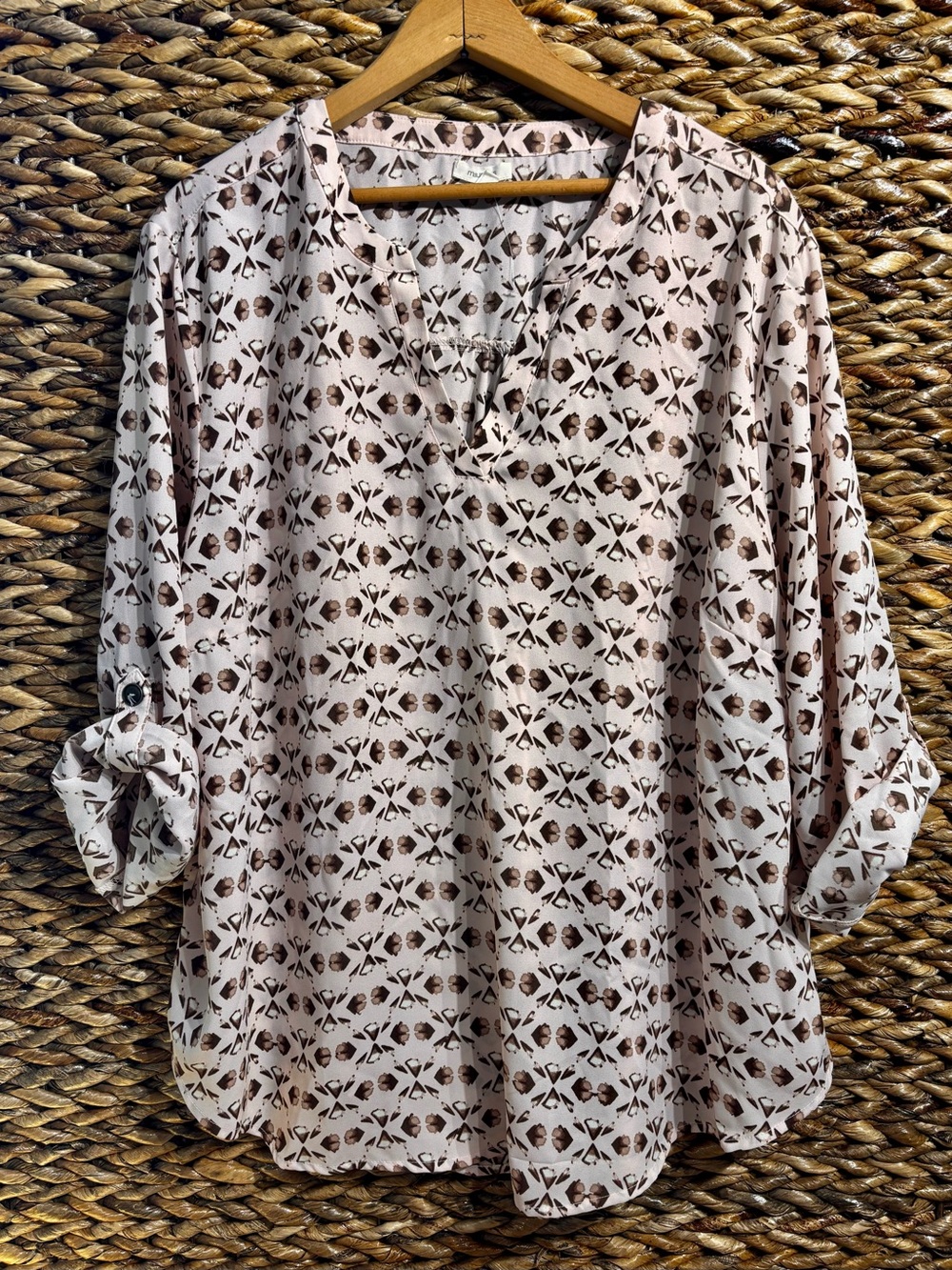 Maurices Pink Blouse with Brown Geometric Print